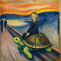 legolas riding a turtle, edvard munch style