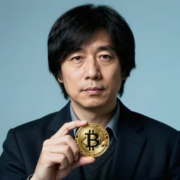 portrait satoshi nakamoto holding bitcoin, soft blue background