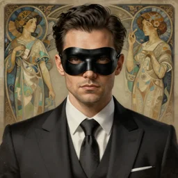 ultra realistic illustration, a male with black mask, suit and tie, intricate, elegant, highly detailed, digital painting, artstation, concept art, smooth, sharp focus, illustration, art by artgerm and greg rutkowski and alphonse mucha