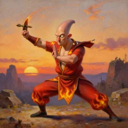 [ squidward ] wearing fire nation clothing and practicing firebending outside at susnset, oil painting, highly [ detailed ], intricate, hd, sharp [ [ [ focus ] ] ], photorealistic, by [ moebius ] and greg rutkowski and thomas kinkade, trending on artstation, trending on cgsociety, realistic shading and lighting, big nose