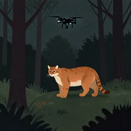 cougar in forest at night, shot from drone, grainy, artwork by leonid afremov