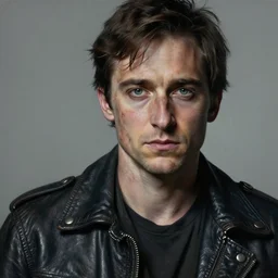 portrait of elijah wood, gritty, dark, wearing a leather jacket, very detailed eyes, hyperrealistic, very detailed painting by Glenn Fabry, by Joao Ruas, by Artgerm