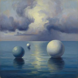spheres and ellipsoids floating over and reflected in the ocean ’ s surface, with majestic thunderheads in the background, pastoral lighting, abstract oil painting style