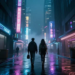cyberpunk, neon lights, wide aspect ratio, detailed, couple walking, rain, fog