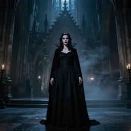 mary elizabeth winstead as a vampire in a gothic cathedral at night, gloomy, gothic, ground mist, volumetric light.