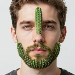 cactus grown on man's face instead of beards, 5 0 mm, real life