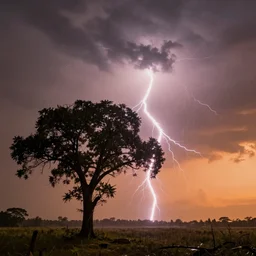a beautiful picture of a close lightning striking a tree, sunset, orange sky, rain, serene, volumetric lighting, volumetric clouds, 8 k, hyperrealistic, digital art trending on artstation