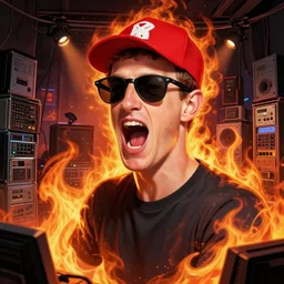 character art by ruan jia, mark zuckerberg screaming wearing wayfarer glasses and red baseball hat at a music concert, on fire, fire powers, room filled with computer equipment
