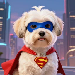 cream colored havanese dog with a superhero cape and mask, tight shot, futuristic city, dusk, highly coherent, saga comic, graphic novel, fiona staples