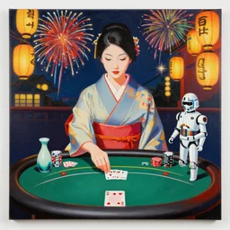 woman in a japanese kimono sitting at an extremely detailed poker table with the startrooper, sake on the table, fireworks and lanterns on the background, by andy warhol, canvas, acrylic paint, 4 k, ultra - hd