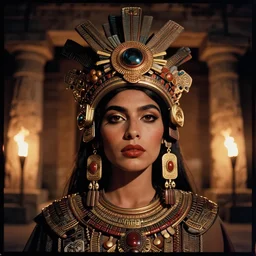 A hyper realistic and detailed head portrait photography of Aztec princess on a temple. by Annie Leibovitz. Neo noir style. Cinematic. torch lights and glow in the background. Cinestill 800T film. Lens flare. Helios 44m