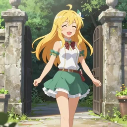 a very cute art of a smiling blonde anime girl idol walking at the garden, mouth open, cheeky, in the style of anime, near a stone gate