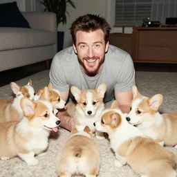 chris evans surrounded by corgi puppies, grinning, living room floor, cozy, 3 5 mm, f / 8, flash photography, snapshot