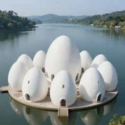 a beautiful lot of white egg shaped buildings are fused together on the quiet lake, trending on artstation, breathing taking, highly detailed