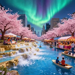 floating markets of times square on new york on waters flowing down gold travertine terraces in royal blue antelope canyon during sakura season on an interstellar aurora borealis, pink waterfalls, vendors, festivals, fun, by peter mohrbacher, james jean, james gilleard, greg rutkowski, vincent di fate, rule of thirds, octane render, beautiful landscape