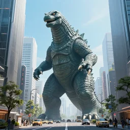 a giant kaiju reptile towers over the streets of tokyo in the near future, art by james gurney and marc simonetti and federico pelat, tohoscope, science fiction, hyperrealism