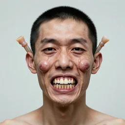 a perfect colour horrifying portrait photograph of a man with 7 million teeth. feet growing from his ears, tubes emerging from his nostrils and mouth. bulbous weeping blisters. perfect focus, studio lighting, gallery setting. inspired by chinese atomic weapon testing