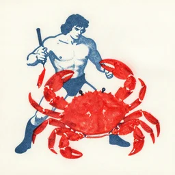 textured risograph of hercules fighting a giant red crab. italy, 1 9 5 1