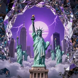 of a futuristic photo - realistic new york city with mirrored windows in a shiny crystalline cave : 4, the statue of liberty : 2, highly symmetrical, balanced, purple lightening : 3, octane render, clouds : 2, violet sun : 4, in the style of sahm : 3, hd, ultra - realistic, hyper - realistic, digital art, in the style of sa