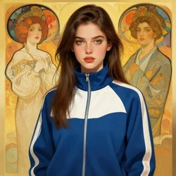 a beautiful portrait of an attractive young woman wearing a track suit, digital art by eugene de blaas and ross tran, vibrant color scheme, highly detailed, in the style of romanticism, cinematic, artstation, greg rutkowski, mucha