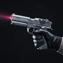“ hand in glove holding laser gun from the side, cinematic, dark space background, retro, digital art, fortnite style, award winning ”