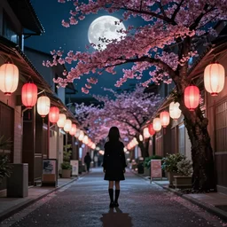 a dramatic colorful fujifilm photograph of the silhouette of a young japanese girl standing in the middle of a tranquil desolate moonlit tokyo street with paper lanterns and a blossoming ornamental cherry tree.