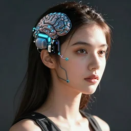 a beautiful cyberpunk woman with brain computer interface