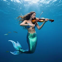 a beautiful long - haired mermaid playing the violin in the wide ocean among fish