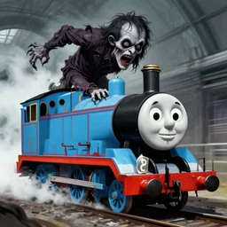 Thomas the tank engine, creepy entity crawling out of the tank engine, in the style of Beeple
