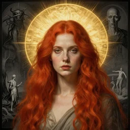 Woman masterpiece, red hair, golden halo behind her head, by Edgar Maxence and Ross Tran, Zdzisław Beksiński, and Michael Whelan, distant, gustav dore, H.R. Giger, 8k, octane render