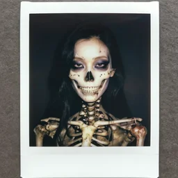 polaroid of gorgeous asian goddess of skull, portrait, bones, skull, dirt, blood, elegant, highly detailed digital painting, by junji ito, artgerm, sean yoro, wlop, chie yoshii and rembrandt
