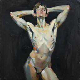 abstract flowing brush strokes, stylized, torso of one!!! athletic man posing dramatically with no face in the center of the frame, by conrad roset, dark background, painting trending on artstation