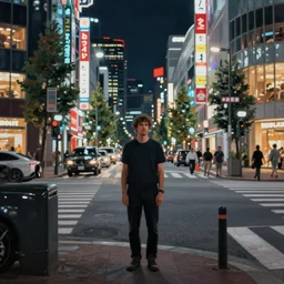 a man standing in the middle of a tokyo street at night, a photorealistic painting by Gregory Crewdson, cgsociety, american scene painting, playstation 5 screenshot, matte painting, cryengine