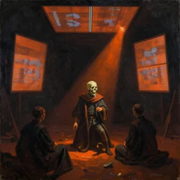 futuristic neon lighting scene of death of the money lenders, modern oil painting by rembrandt with led panel screens and projections, dynamic lighting, black and orange colour palette