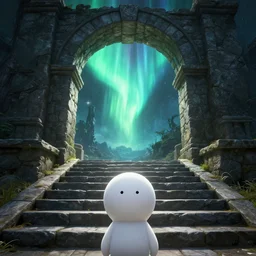 a first person perspective shot looking up a stone staircase leading to an ancient stone archway that leads to an aaahh!!! Real monsters dimension and emanating glowing aurora light by James Gurney and beeple | Time White: .3 | unreal engine