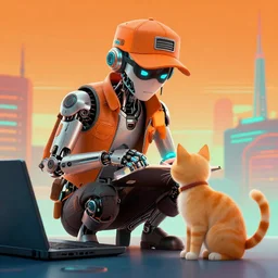 cyborg detective looking for cats, retrowave orange and turquoise, high quality, detailed, 4 k, game concept art