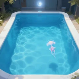 underwater above ground pool looking at built - in pool with moon jellies floating