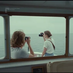 a woman taking a picture of herself on a boat, a screenshot by wes anderson, tumblr, video art, wide lens, filmic, criterion collection