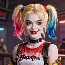lofi biopunk portrait of harley quinn, bioshock background, Pixar style, by Tristan Eaton Stanley Artgerm and Tom Bagshaw.
