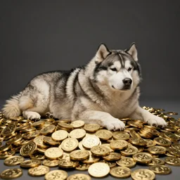 fat husky resting atop a horde of golden coins, fantasy concept art by sandara