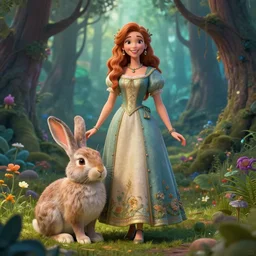 portrait of an attractive woman, wearing a long dress, standing next to a rabbit, in a magical forest | happy vibes, volumetric lights, raytracing | fantasy, character, realism, intricate details | exif, very detailed, intricate details | cgsociety, trending on artstation | by bastien lecouffe - deharme & steve henderson
