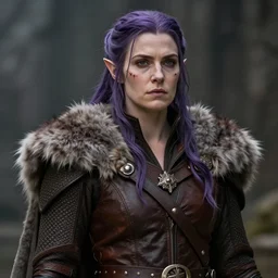 yennefer as a medieval fantasy tolkien elf, dark purplish hair tucked behind ears, wearing leather with a fur lined collar, wide face, muscular build, scar across the nose, cinematic, character art, real life, 8 k, detailed.