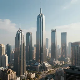 futuristic cityscape with skyscrapers, realistic, cinematic shot, highly details, sci - fi
