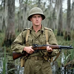 american soldier in the swamps of louisiana in the 1 9 5 0 s holding an m 1 garand photograph