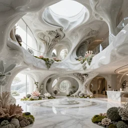 highly detailed ultra sharp 3 d render villa interior cinematic composition of a smooth ceramic porcelain biomorphic magnolia stone nebula fluid fractal sci - fi surreal architecture landscape, white granite, corals, lichen, magnesium, marble, moss, vincent callebaut composition, mamou - mani, archviz, beautiful lighting, 8 k, unreal engine, hdr,