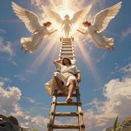 bible character jacob sleeping and dreaming a ladder that from earth to heaven with angels going up and down, hyper realistic, ultra detail, octane render, cinematic, vivid, vibrant, artstation
