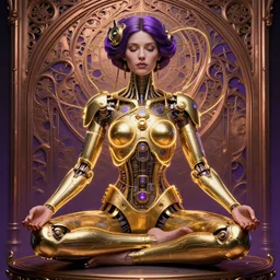 photo of a beautiful female meditating steampunk cyborg, is connected with glowing devices, golden glowing outlines, artwork by james jean, realistic gold and purple metallic, jean delville, art nouveau, gustav klimt, ornate copper patina gothic icon, james jean, ultrasharp hyperdetailed photorealistic octane render