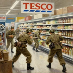 world war 2 soldiers attacking tesco supermarket oil painting