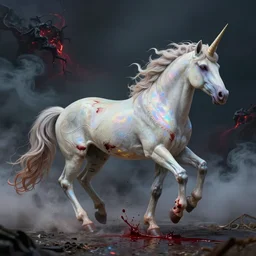 a iridescent unicorn is injured, footsteps of blood follows behind it, toxic glowing smog in the sky, ultra realistic, concept art, intricate details, highly detailed, photorealistic, octane render, 8 k, art by artgerm and greg rutkowski and alphonse mucha