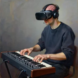 man wearing vr - brain - interface plays a modular synthesizer. oilpainting by giuseppe arcimboldo, digital art.